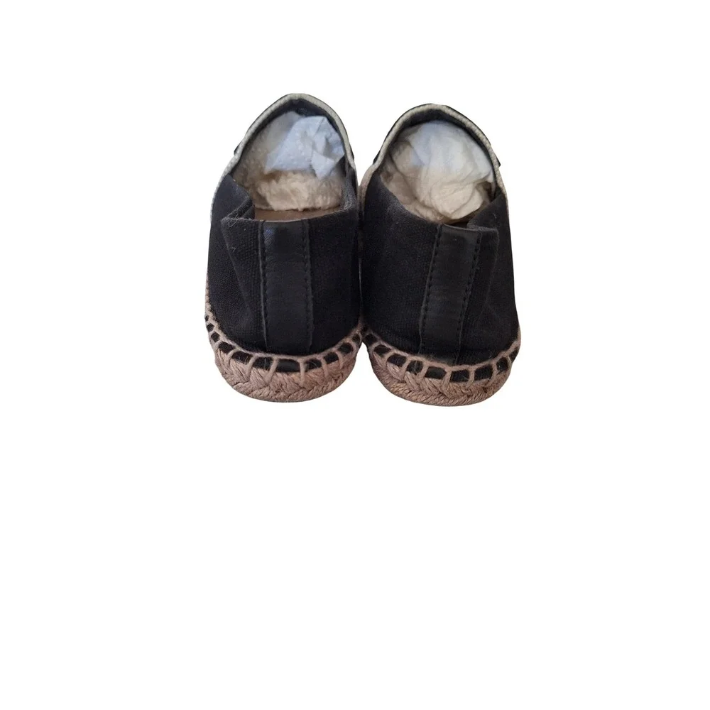 Tory Burch Ines Espadrilles Black Cream Leather Logo Canvas Flats Slip On
